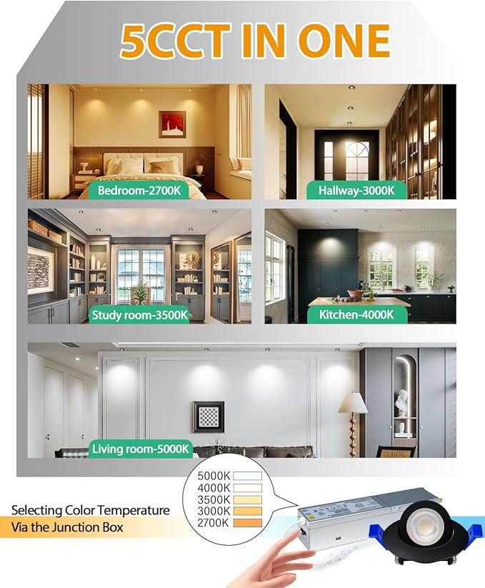 zouzai 5CCT LED Gimbal Led Recessed Light with Junction Box, 360°+90° Adjustable Directional Eyeball Lighting, Dimmable, 2700K/3000K/3500K/4000K/5000K,ETL&Energy Star (Black 1 Pack, 2 inch)