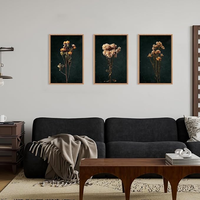 HOURIA Moody Boho Floral Framed Canvas Wall Art Set,Vintage Black Flower Wall Decor,Mid Century Minimalist Wildflower Artwork,Nature Retro Botanical Art Print for Living Room,Bedroom,Office- 24"x36"x3