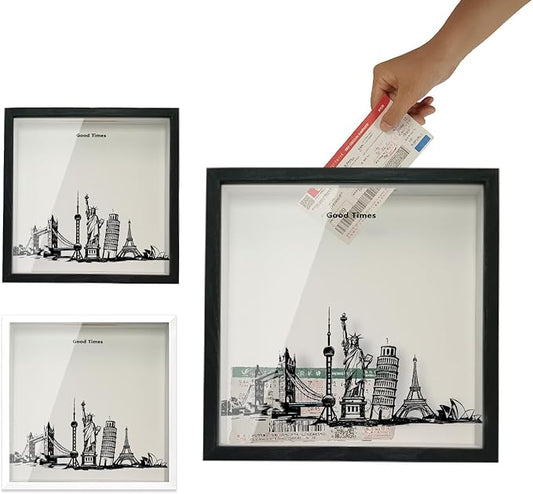 12x12 Travel Adventure Archive Box, Ticket Box for Wall Or Tabletop, Memory Box Wood Frame (Black)