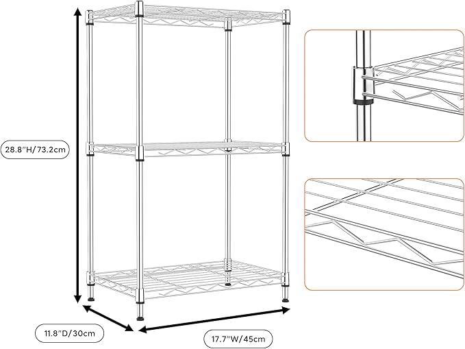 3 Tiers Shelf Metal Storage Shelves Wire Rack Closet Organizers with Wheel for Garage Kitchen Bathroom Laundry Chrome 11.8" D x 17.7" W x 28.8" H