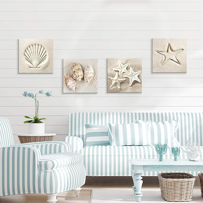 Coastal Serene Canvas Wall Art: Shells on Beach Sand Giclee Print Painting for Wall Decor for SPA Room (16''x16''x4pcs)