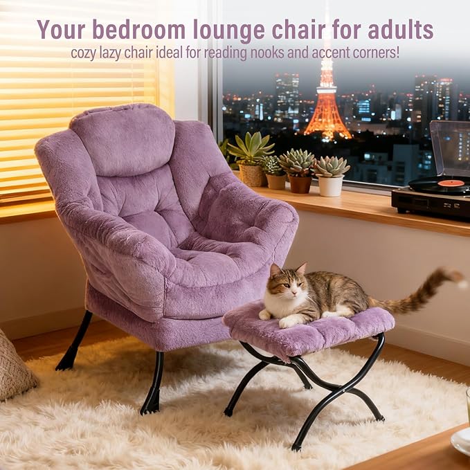 Oversized Chair with Ottoman, Modern Chair with Folding Footrest, Lounge Accent Chair, Comfortable Reading Chair for Bedroom, Study, Living Room, Courtyard (Plush Purple)