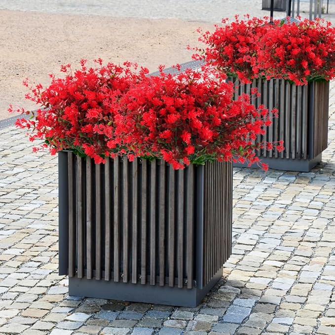 Fake Greenery Boxwood Plant Outdoor Artificial Flowers UV Resistant Fake Boxwood Plastic Plants Greenery Shrubs for Summer Indoor Outdoor Garden Patio Window Box Kitchen Home Decor(Red)