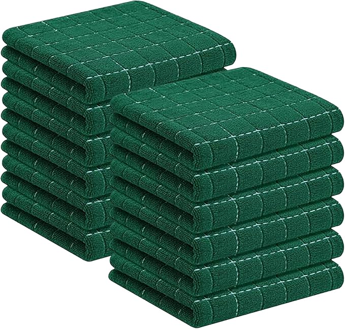 Homaxy 100% Cotton Terry Kitchen Towels(Dark Green, 13 x 28 inches), Checkered Designed, Soft and Super Absorbent Dish Towels, 12 Pack