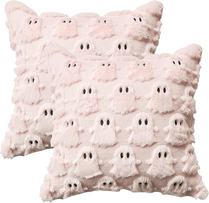 AVOIN colorlife Halloween Ghost Pink Throw Pillow Cover Set of 2, 18 x 18 Inch Soft Plush Faux Fur Jacquard Spooky Cushion Case Decoration for Sofa Couch