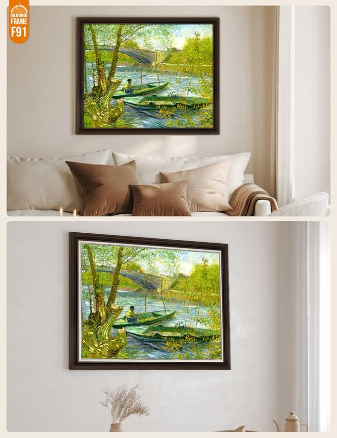 DECORARTS - Fishermen And Boats From The Pont De Clichy, Vincent Van Gogh Art Reproduction. Acid Free Cotton Canvas Giclee Print w/Bronze Frame&Mat for Wall Decor.