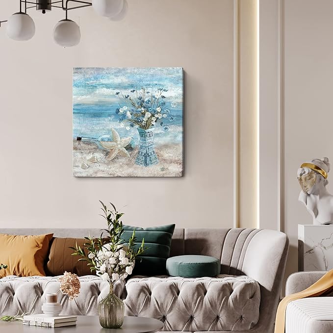 Large Canvas Wall Art for Living Room Blue Beach Wall Decor Ocean Theme Print Seaside Framed Artwork for Bedroom Bathroom Abstract Seascape Painting Coastal Flower Picture Home Office Decor 30x30inch