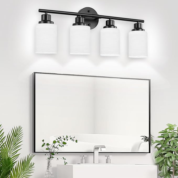 4-Light Matte Black Vanity Lights for Mirror, Bathroom Light Fixtures with Milky White Frosted Striped Glass Shade, Modern Kitchen Light Fixtures Wall Sconce Light - E26 Base