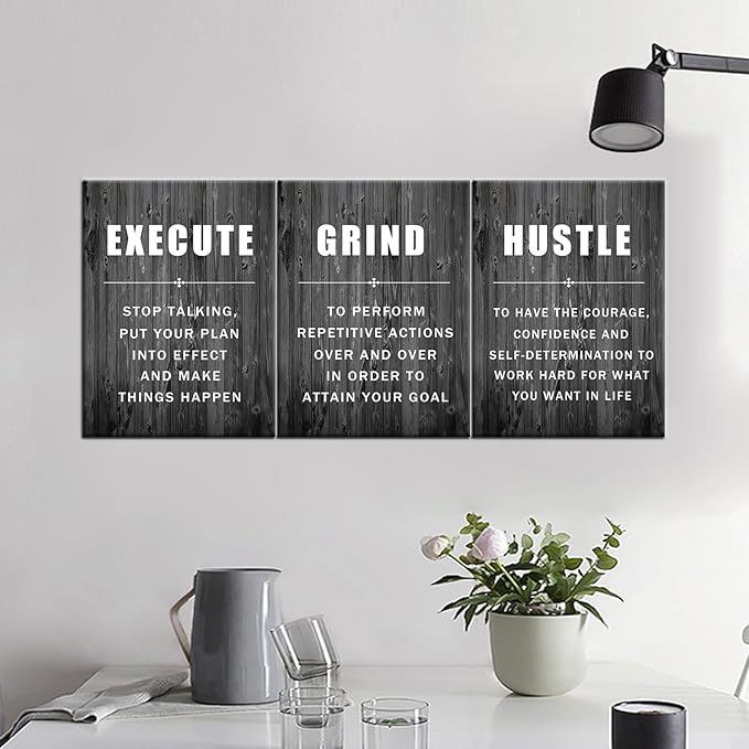 Inspirational Poster Execute Grind Hustle Motivational Wall Art 3 Pieces Canvas Prints Artwork for Living Room Modern Home Decor Painting Pictures Stretched and Framed Ready to Hang [36''Wx 16''H]