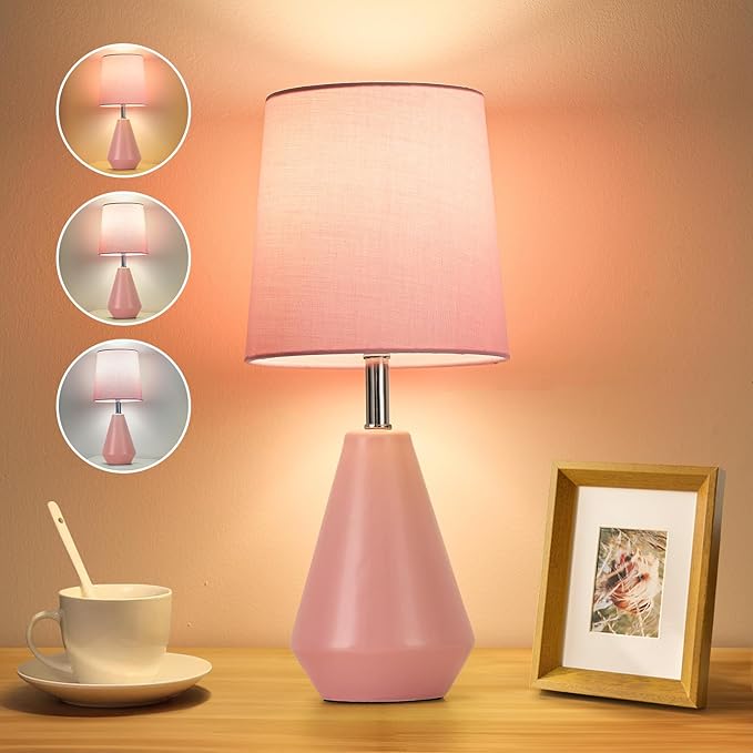 Small Bedside Table Lamp for Bedroom - Reading Desk Lamp with 3 Color Temperatures，15.5" Nightstand Ceramic Lamp with Fabric Shade for Kids Room,Living Room,Dorm,Home Office (Pink)