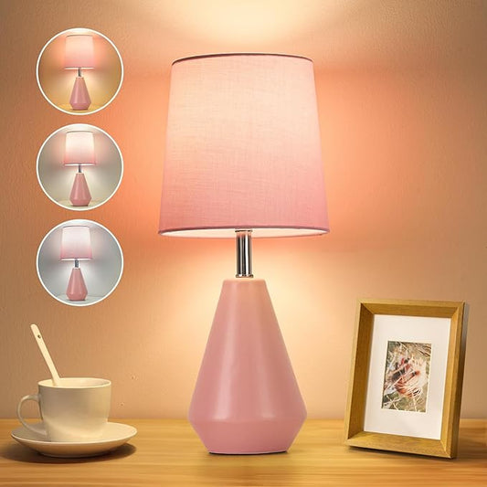 Small Bedside Table Lamp for Bedroom - Reading Desk Lamp with 3 Color Temperatures，15.5" Nightstand Ceramic Lamp with Fabric Shade for Kids Room,Living Room,Dorm,Home Office (Pink)