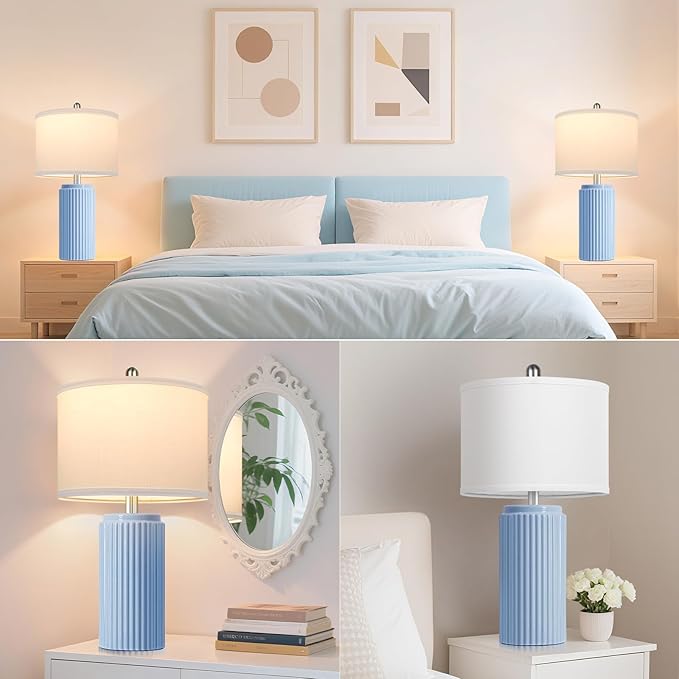 23.5’’ Sky Blue Farmhouse Table Lamps for Living Room Set of 2, Modern Elegant Ceramic Bedside Nightstand Lamps with White Linen Shade for Bedroom, Coastal Lamps Set for Study Home Office