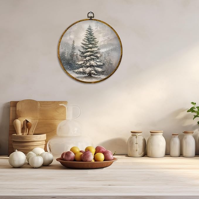 CUANFDDSF Christmas Winter Tree Round Wall Art Decor, Rustic Snowy Forest Pine Tree Landscape Wall Hanging Frame Decor, Cozy Winter Canvas Prints Decorations for Home Bedroom Living Room, 10x10 Inch