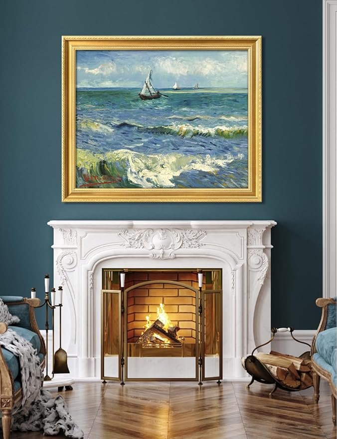 DECORARTS - Vincent van Gogh's The Sea at Les Saintes-Maries, Museum-Quality Giclee Canvas Print in Gold Solid Wood Frame, 34.75 x 28.75 in, Ready to Hang, Made in USA