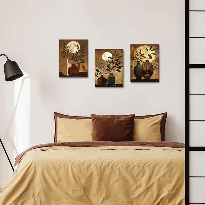 ChaudArt 3 Pieces Green Branch in Brown Vase with Moon Decor Paintings Modern Canvas Wall Art Decor Artworks Pictures for Living Room Bedroom Kitchen Decoration
