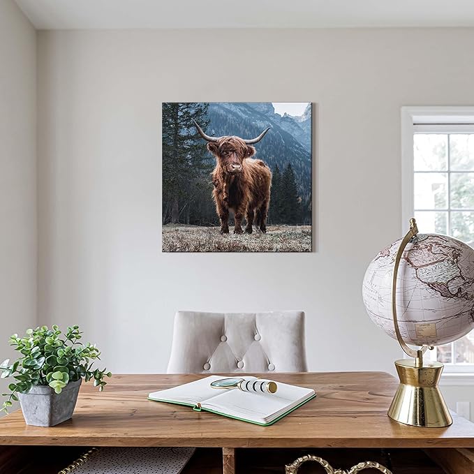 Scottish Highland Cow Canvas Picture - Rustic Farmhouse Wall Art Wild Nature Cattle Portrait Artwork for Living Room Bedroom Office