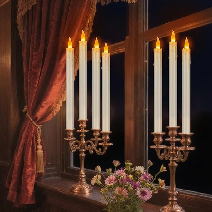 Flameless Taper Candles Realistic Flickering Flame, Battery Operated, Remote Control with Timer, Safe for Kids & Pets, Ivory, 10-Inch, Pack of 6 Ideal for Home, Weddings & Parties