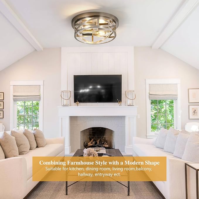 Brushed Nickel Flush Mount Ceiling Light Fixture,2-Light Industrial Farmhouse Ceiling Light Fixture，Brushed Nickel Light Fixture Ceiling Mount for Kitchen Bedroom Living Room 1 Pack