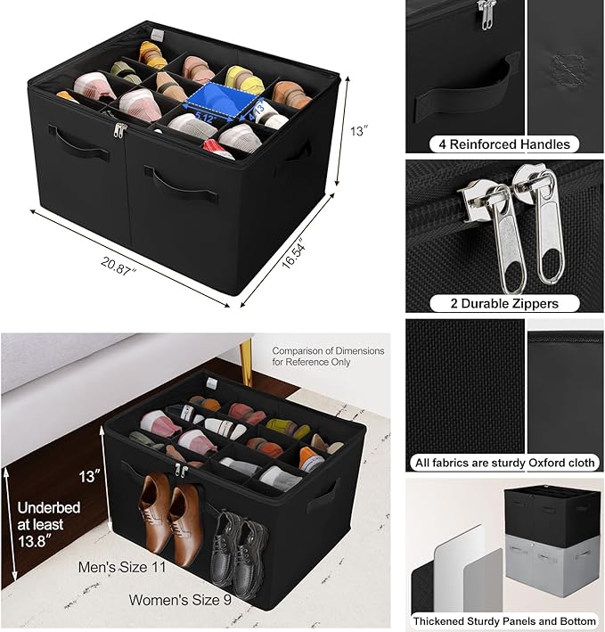 Shoe Organizer for Closet 2 Pack, Foldable Shoe Box with Adjustable Dividers and Clear Cover, Space Saving Shoe Storage Organizer Cabinet with Reinforced Handles, Fits 32 Pairs, Black TP12B