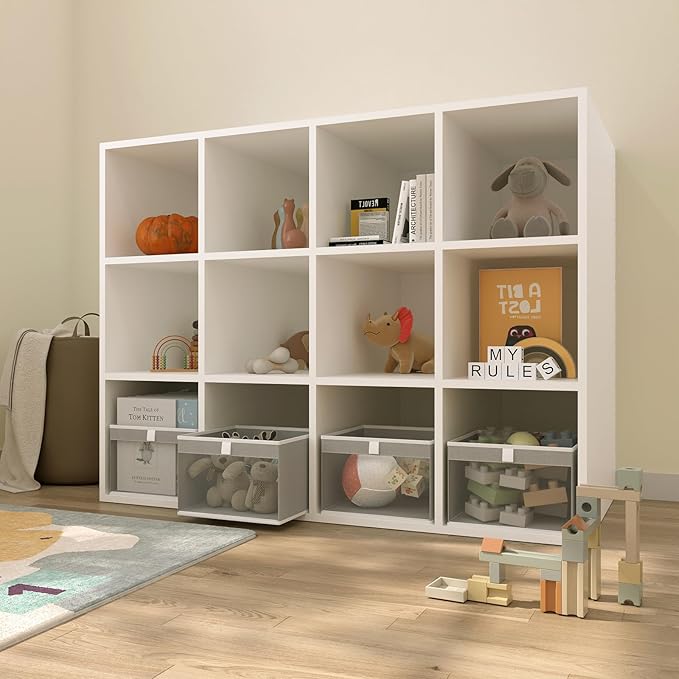 Linen Closet Organizers and Storage, Closet Storage Bins Basket Organizer, Foldable Organization Baskets with Mesh Window for Clothes Towels and Toys, 10.75" x 10.75" x 7.5", Gray, 4 pack