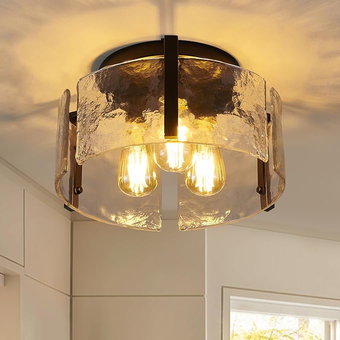 Black Semi Flush Mount Ceiling Light Fixture, 3-Light Modern Hallway Light Fixtures Ceiling Mount, Foyer Kitchen Lighting Fixtures Ceiling Lights for Bedroom, Bathroom, Laundry Room, Entryway, Hallway