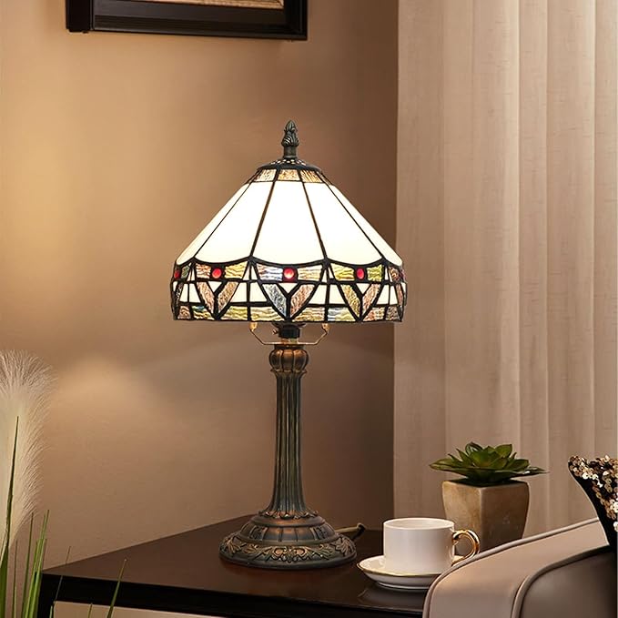 Tiffany Lamp 8 Inch Small Stained Glass Table Lamp with Roman Nordic Style Design Warm Color Reading Light Dining Rooms Bedrooms Offices Study Rooms Tiffany Style Retro Home Decoration Crafts (White)