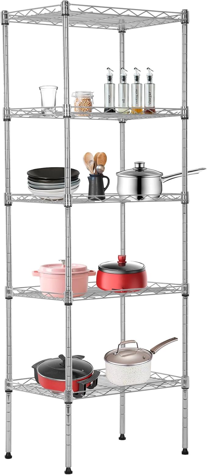 BestOffice | 5-Tier Wire Storage Shelves | 17x12x48 | Chrome | with Adjustable Racks | Heavy-Duty Metal Shelf, Holds Upto 750 lbs | No-Tool Assembly | Ideal for Home & Garage Shelving
