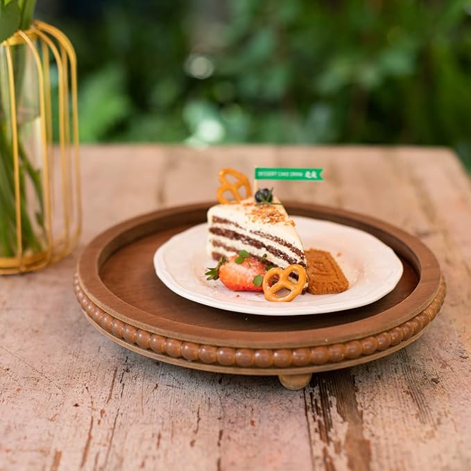 12in Round Wood Beaded Tray - Brown, Distressed Finish - Farmhouse Boho Style - Decorative Tray for Living Room, Coffee Table, Kitchen Table or Serving Tray