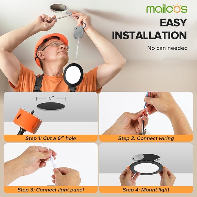 MAILCOS 12 Pack 6 Inch 5CCT Black Ultra-Thin LED Recessed Lighting with Junction Box, 2700K-5000K Selectable, 1050LM High Brightness, Dimmable Canless Wafer Downlight, 12W 120V, ETL