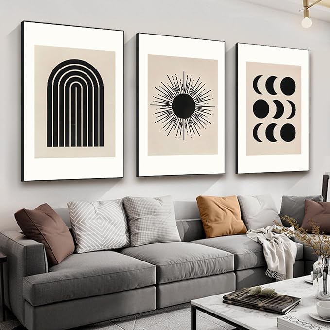 Modern Black Framed Canvas Wall Art Set,Black and White Beige Sun Moon Geometric Design Art Painting,Abstract Nature Artwork,Large Boho Wall Decor for Living Room,Bedroom,Office-24''x32''x3piece