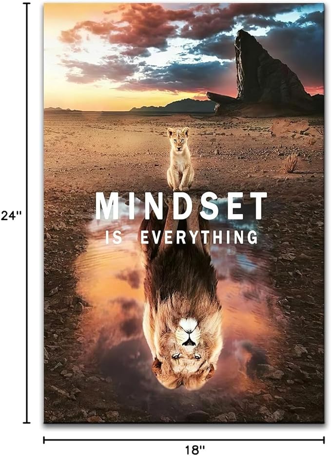 Small Cat Big Lions Motivational Wall Art Mindset is Everything Poster Cute Animal Inspirational Canvas Painting Prints Wall Pictures for Living Room Home Decor Office Framed Artwork [18''W x 24''H]