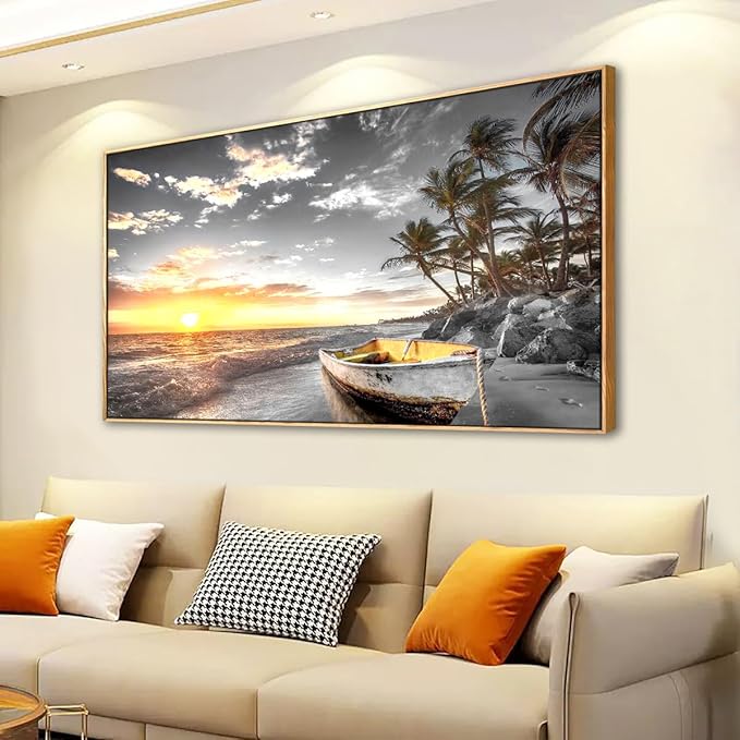 Beach Wall Art Sunset Seascape Pictures Bedroom Decor Boat Tree Ocean Landscape Canvas Wall Art for Living Room Office Natural Scenery Artwork 20 * 40inch