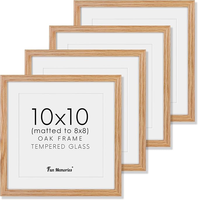 Fun Memories 10x10 Picture Frames, Square Frame 10 by 10 with Mat for 8 by 8, Rustic Oak Wood Frame 10"x10", 10 x 10 Wood Frame Set of 4, Minimalist 10x10 Photo Frames, Natural Oak Color