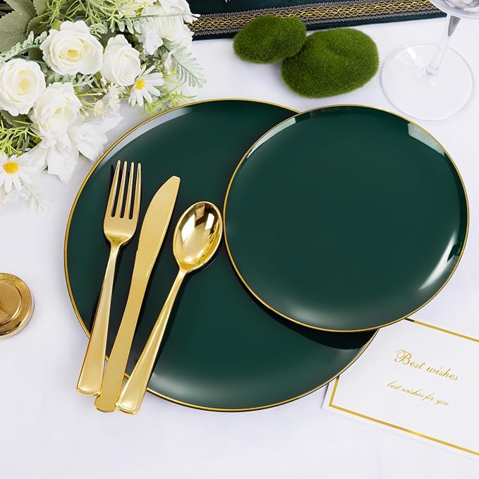 YOUBET 125PCS Green Plastic Plates - Green Disposable Plates With Gold Rim Include 25 Dinner Plate, 25 Dessert Plate, 75 Gold Plastic Cutlery for Party Wedding