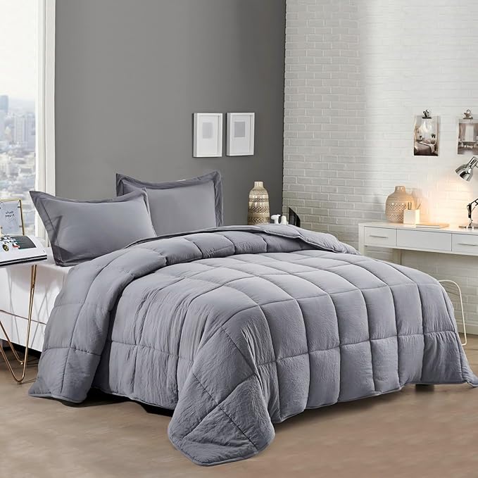 HIG 3pc Prewashed All Season Down Alternative Comforter Duvet Insert -Quilted Comforter with Corner Tabs -Box Stitched -250GSM Fiberfill Chic Farmhouse Style Bedding(Salomon,Queen,Gray)