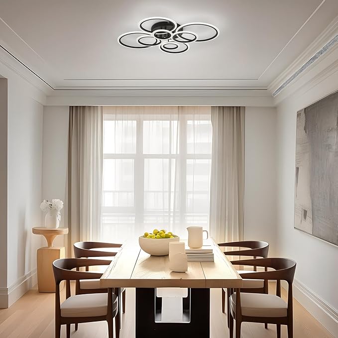Modern LED Ceiling Light, Black 8 Rings Flush Mount Ceiling Light, 4000K Lighting Fixture Ceiling Lamp for Kitchen, Bedroom, Living Room, Dining Room