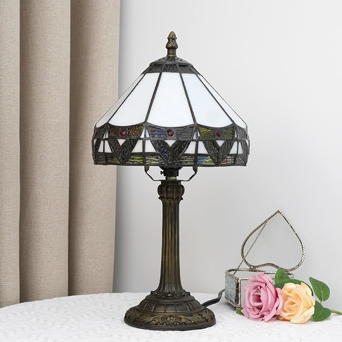 Tiffany Lamp 8 Inch Small Stained Glass Table Lamp with Roman Nordic Style Design Warm Color Reading Light Dining Rooms Bedrooms Offices Study Rooms Tiffany Style Retro Home Decoration Crafts (White)