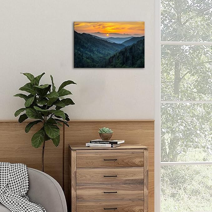 Forest Sunrise Wall Art Decor Great Smoky Mountains Photo Prints National Park Landscape Canvas Painting Artwork Framed for Bedroom Living Room (28x44 inch)