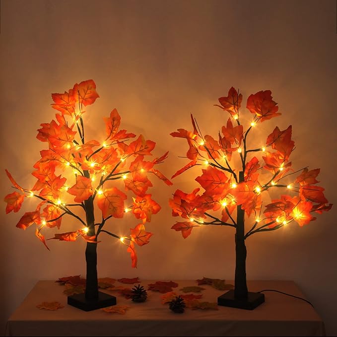 2 Pack Fall Lighted Maple Tree 48 LED Lights Thanksgiving Decoration Artificial Tree Lights 20 inch Battery or USB Powered DIY Table Light for Desktop Autumn Harvest Party Indoor Decor