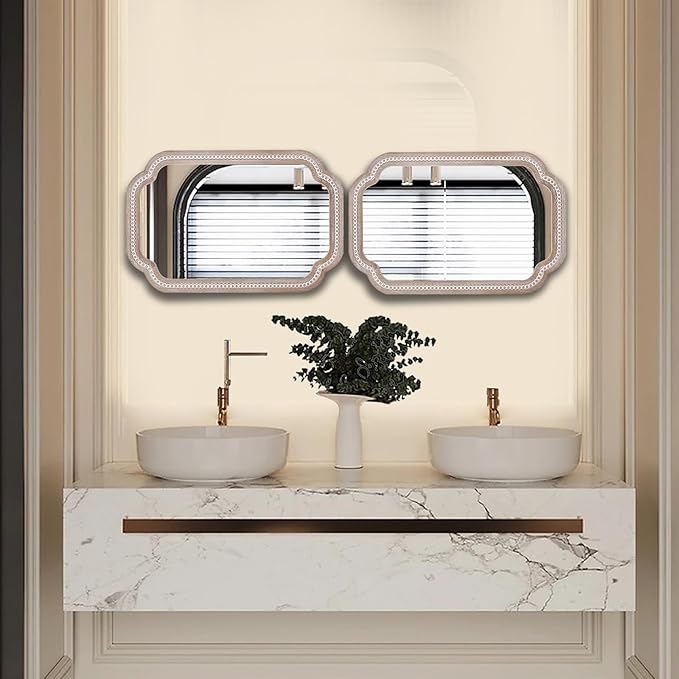 36x24'' Boho Decorative Wall Mirrors with Beaded, Wooden Scalloped Bathroom Mirrors for Over Sink, Farmhouse Style for Bedroom, Living Room, Entryway - Vertical/Horizontal Hanging