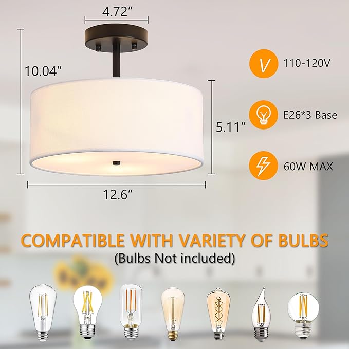 3-Light Semi Flush Mount Ceiling Light Modern Black Drum Light Fixtures with White Fabric Cover Shade Round Chandelier for Bedroom Living Room Kitchen and Hallway
