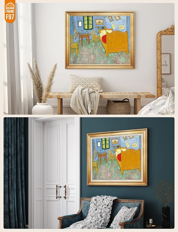 DECORARTS - Bedroom in Arles (Third version), Vincent Van Gogh Art Reproduction. Acid Free Cotton Canvas Giclee Print w/Bronze Frame&Mat for Wall Decor.