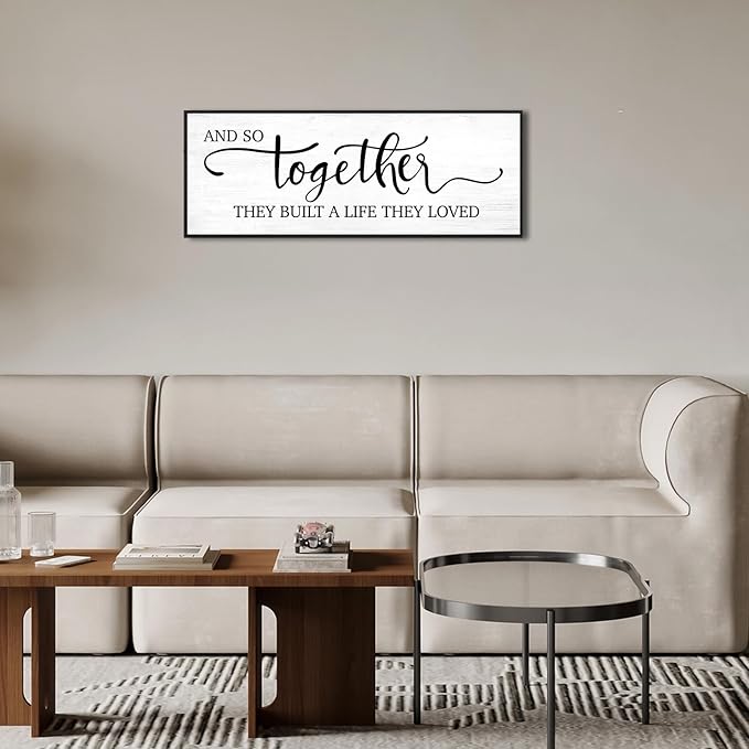 And So Together They Built A Life They Loved Sign Wall Decor: Farmhouse Master Bedroom Wall Art Above Bed,32''×12'' Large Framed Canvas Bedroom Signs Modern Guest Room Living Room Hanging Plaque