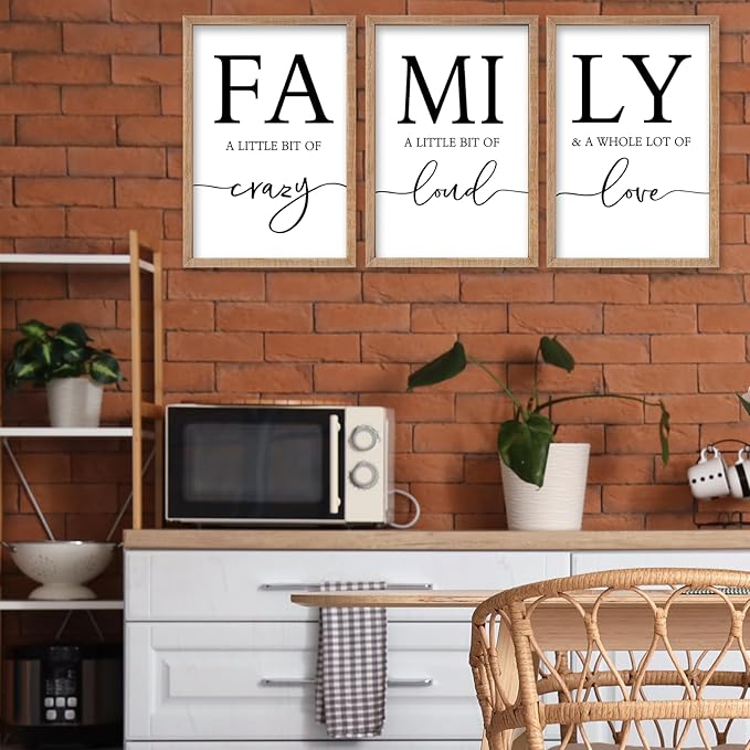 SRSZHIYUE Family Wall Art A Little Bit Of Crazy Loud Sign Wall Decor Art Set of 3 16"×11" Prints Wood Framed for Large Rustic Farmhouse Minimalist Living Room Entryway Wall Hanging (Wood)