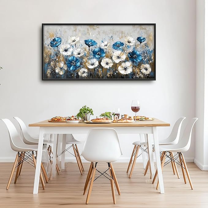 Flintis Large Blue and White Flowers Framed Wall Art Floral Pictures Wall Decor Abstract Landscape Canvas Painting Print Artworks Decor Framed for Living Room Bathroom Master Bedroom 60L X 30W