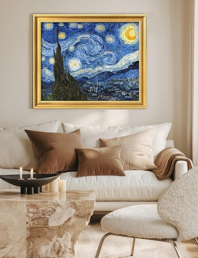 DECORARTS - Vincent van Gogh's Starry Night. Museum-Quality Giclee Print on Cotton Canvas, Ornate Gold Wood Frame with Classic Detailing, Picture Size: 30x24, Framed Size: 34.75x28.75, Made in USA