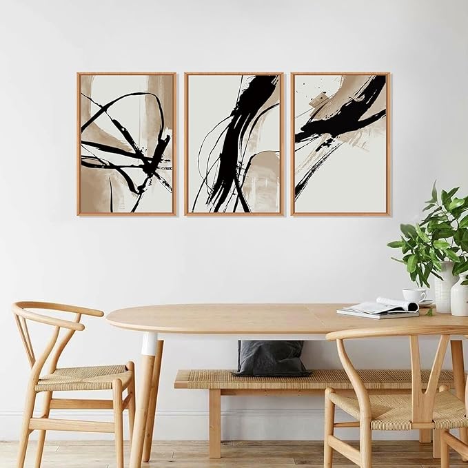 HOURIA Large Abstract Tan and Black Brush Stroke Framed Canvas Wall Art Set,Textured Beige Circle Wall Decor,Minimalism Brown Ink Line Artwork,Modern Shape Art Print for Living Room,Bedroom- 16"x24"x3