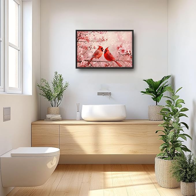 Flintis Large Cardinals Wall Art Red Cardinals Pictures Wall Decor Abstract Animal Canvas Painting Print Artwork Decoration Framed for Living Room Bathroom Master Bedroom Office Dining 36L x 24W