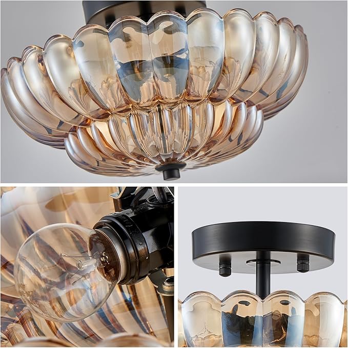 XINGQI Modern Ceiling 3-Light Amber Glass Semi Flush Mount Ceiling Light Fixture Small Close to Chandelier for Living Room Dining Room Bedroom Entryway Hallway