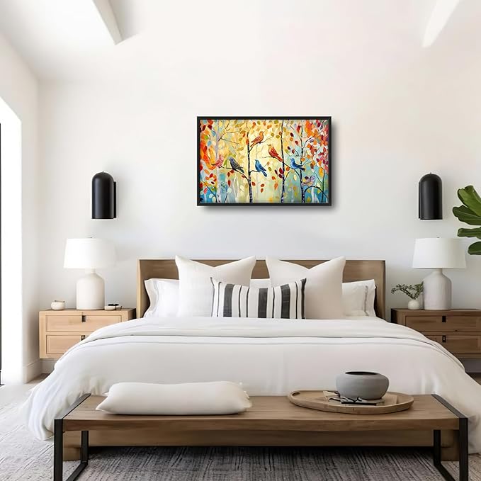 Extra Large Framed Abstract Bird Forest Wall Art,Colorful Birds Birch Tree Wall Decor Pictures for Living Room,Canvas Print Painting Modern Artwork Bedroom Office Bathroom Home Decor 36L x 24W